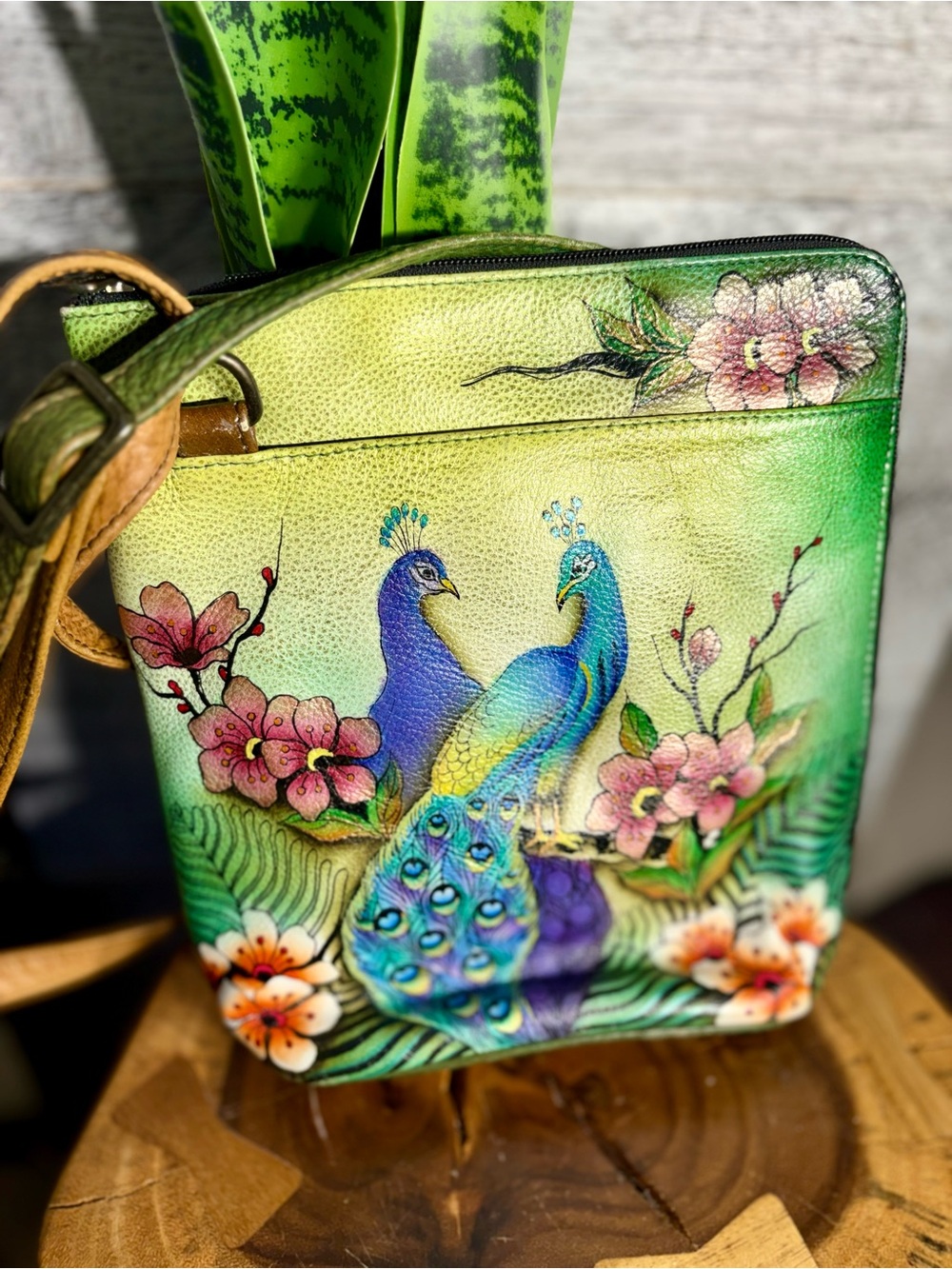 Anuschka | Hand-Painted Leather "Art in Flight" Peacock Medium Crossbody Bag